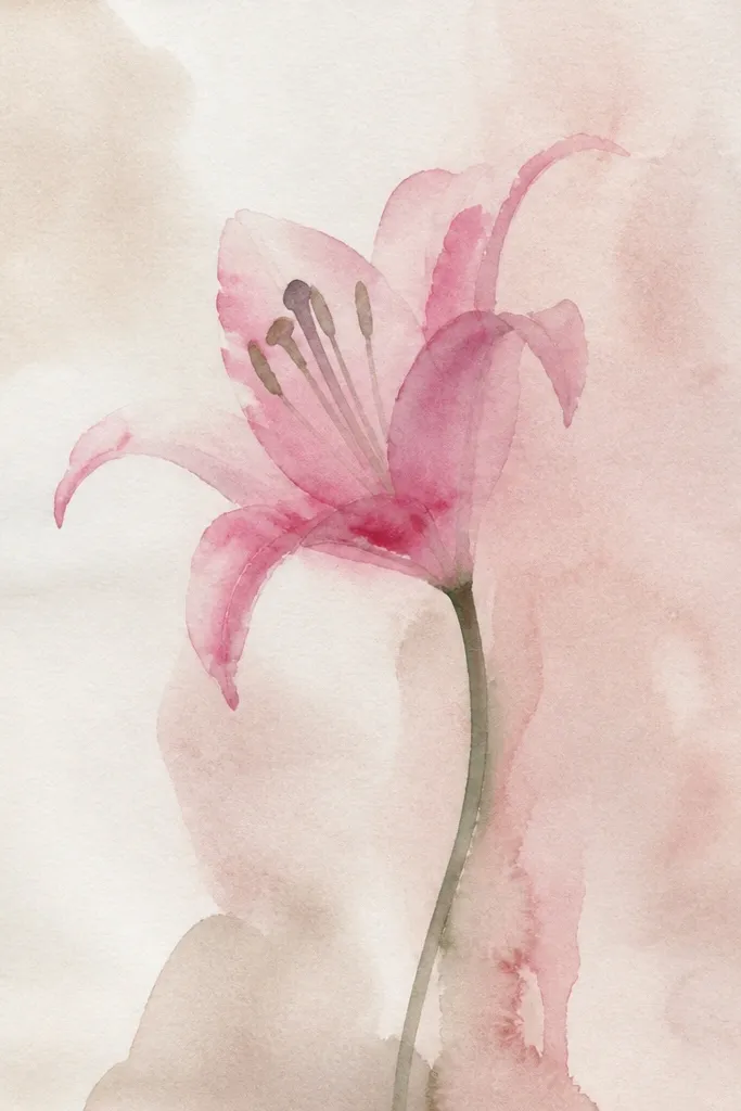 A pink lily drawing with a long flowing stem. The lily faces left, with petals shaded in rose and light pink. The background is plain white, and there's a faint shadow line under the stem.