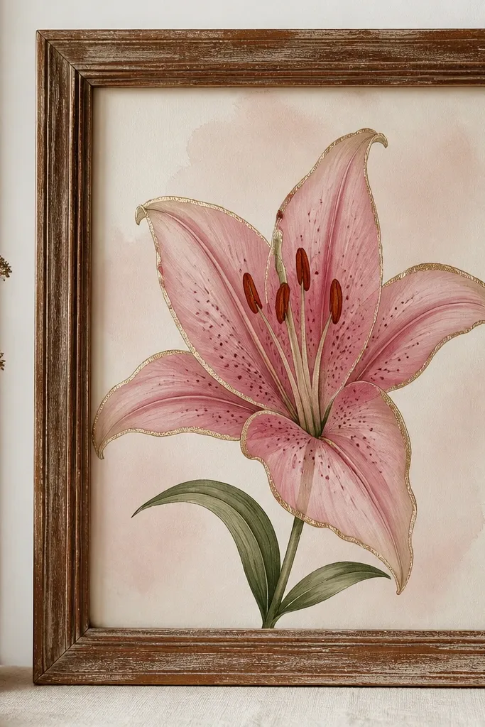A pink lily drawn inside a thrifted wooden frame. Petal tips have thin gold paint along the outer edge. The lily has dark fold creases, a stippled center, and a pale blush background wash.