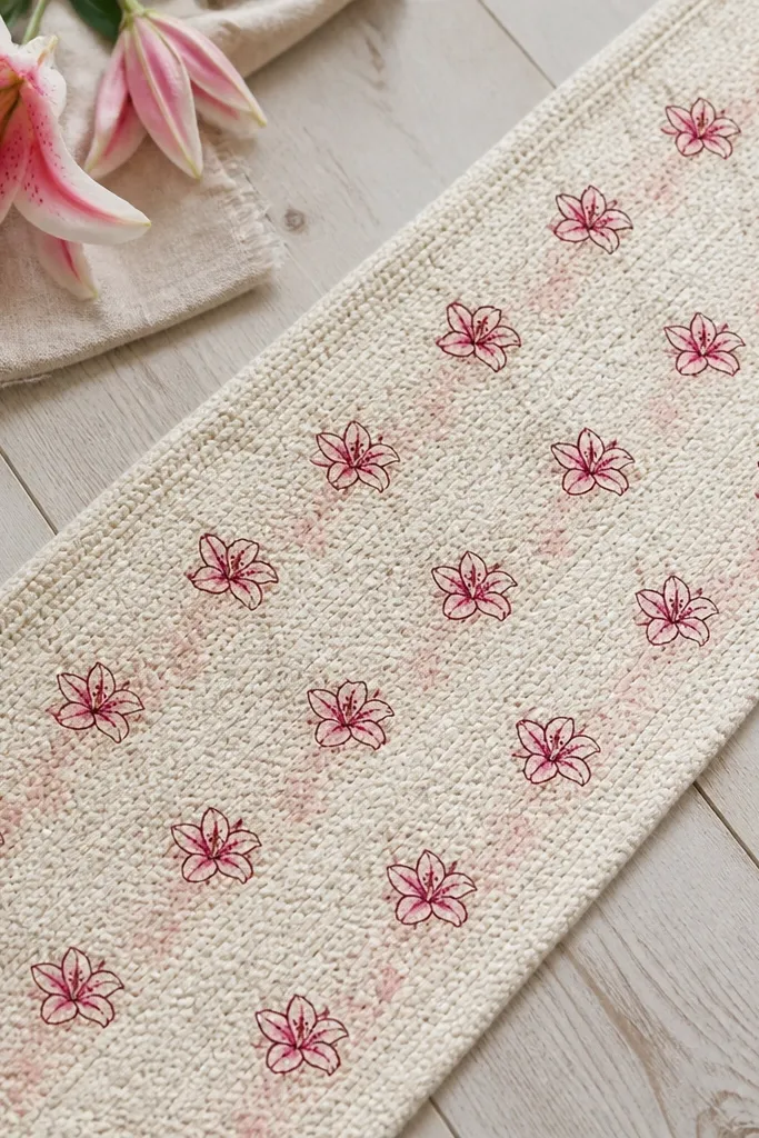 A rag rug strip with a repeating pattern of small pink lilies. Each lily is about the size of a thumbprint, with simple outlines, light pink fill, and darker fold creases. The background is the natural rug color with faint blush washes behind each bloom.