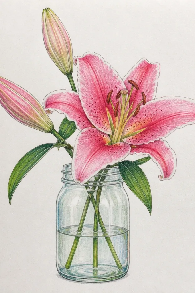 A glass jar painted or decorated with a pink lily. Petals are shaded in soft pink and rose, and there is a thin white outline around the entire flower. The center has stippling, and the background is a light pink wash on the jar surface.