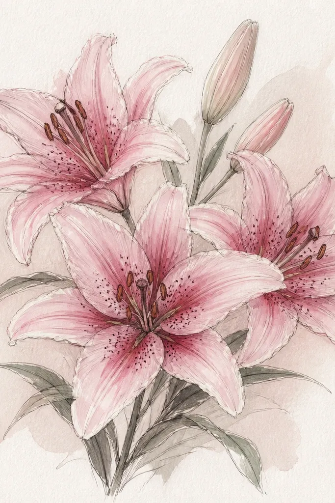 A loose sketch of a pink lily bouquet on textured paper. The petals have lighter, sketchy linework, while the center is darker and more detailed with stippling. The background is minimal with only a pale wash.