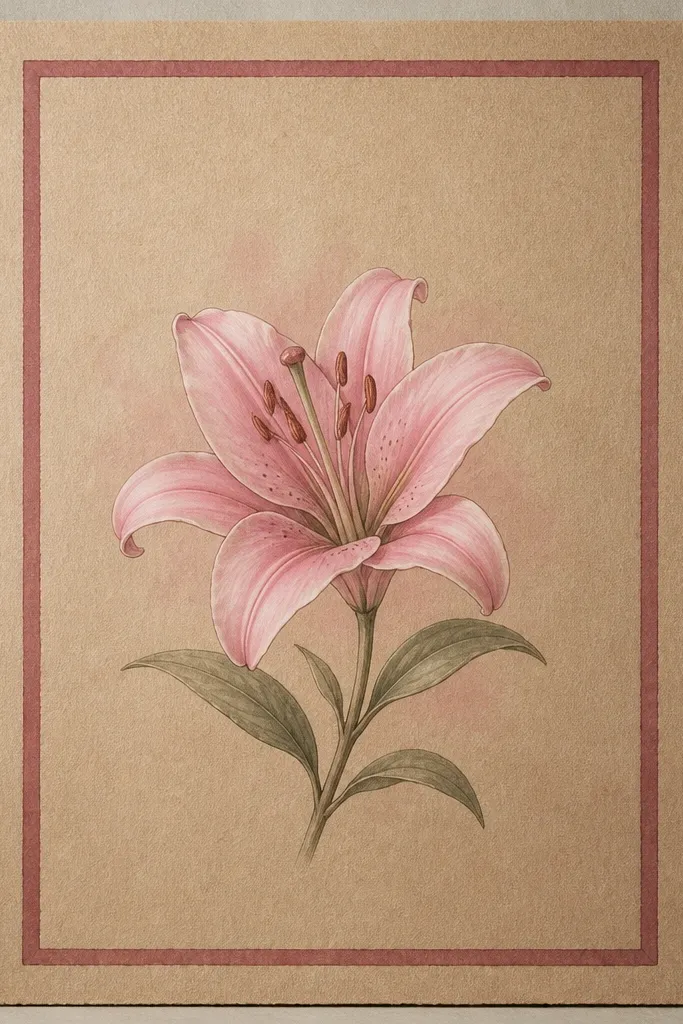 A kraft paper sheet with a pink lily in the center and a deep rose rectangular margin frame around it. The lily has dark fold lines and light pink shading with small highlights. The background inside the frame is mostly blank kraft with a faint blush behind the lily.
