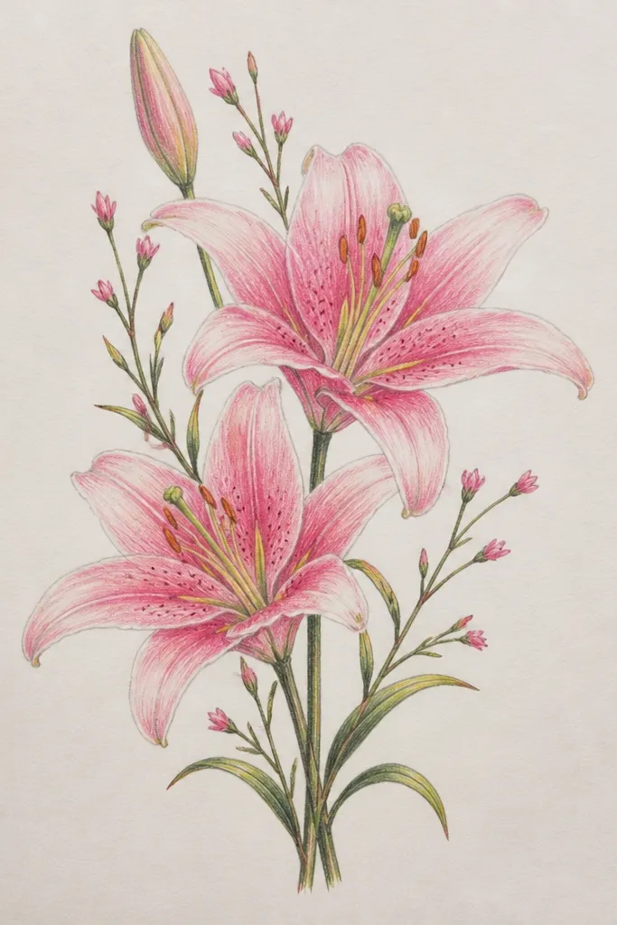 A pink lily drawing with multiple vertical stems. One main lily is in the center, flanked by two small buds and a smaller side blossom. The petals have pink gradients and dark fold lines, with a pale background wash.
