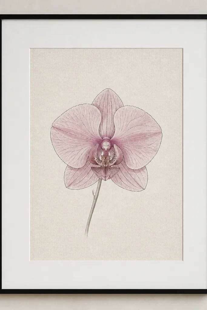 A single pink orchid drawing on off-white warm linen-texture paper, with very fine black linework for the petals and a light mauve wash. The drawing sits centered with a wide white mat and a thin black frame. No border pattern, just clean negative space around the bloom.