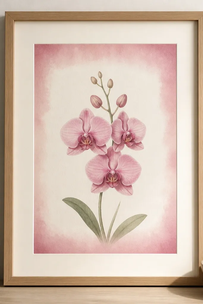 A pink orchid drawing centered, surrounded by a hand-painted border that fades from dusty rose into the paper. The border looks like a watercolor dip-dye wash, with soft edges and a slightly uneven gradient. The frame is simple natural wood, and the mat is creamy ivory.