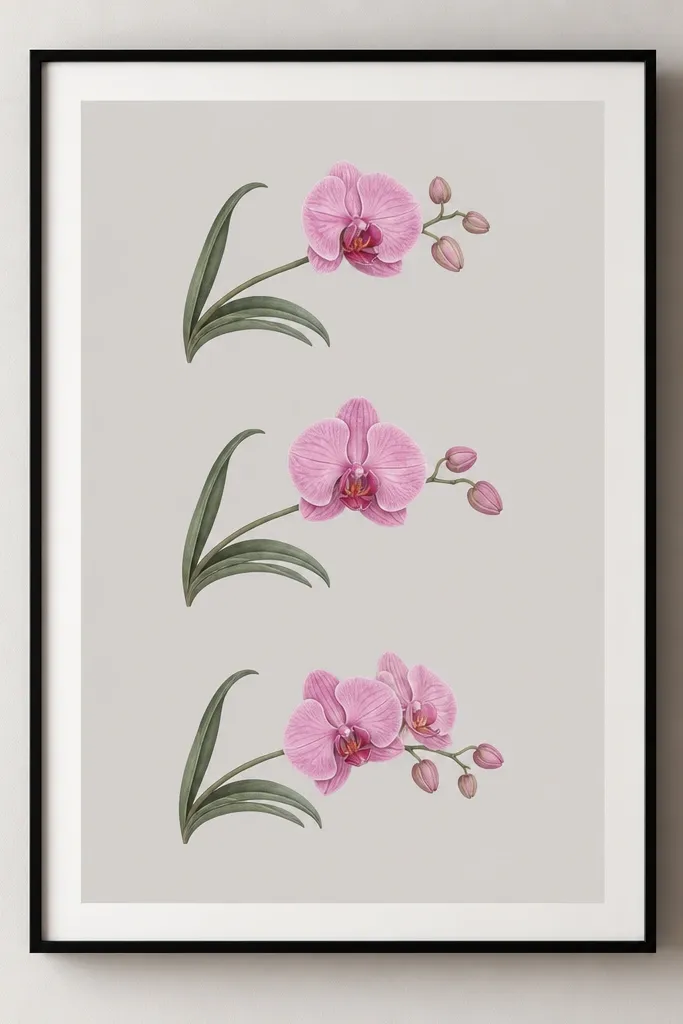 Three small pink orchid drawings arranged vertically, each slightly different in angle. All three share the same leaf curve shape on the left side. A light gray background fills the sheet, with a thin white mat and a simple black frame around the whole composition.