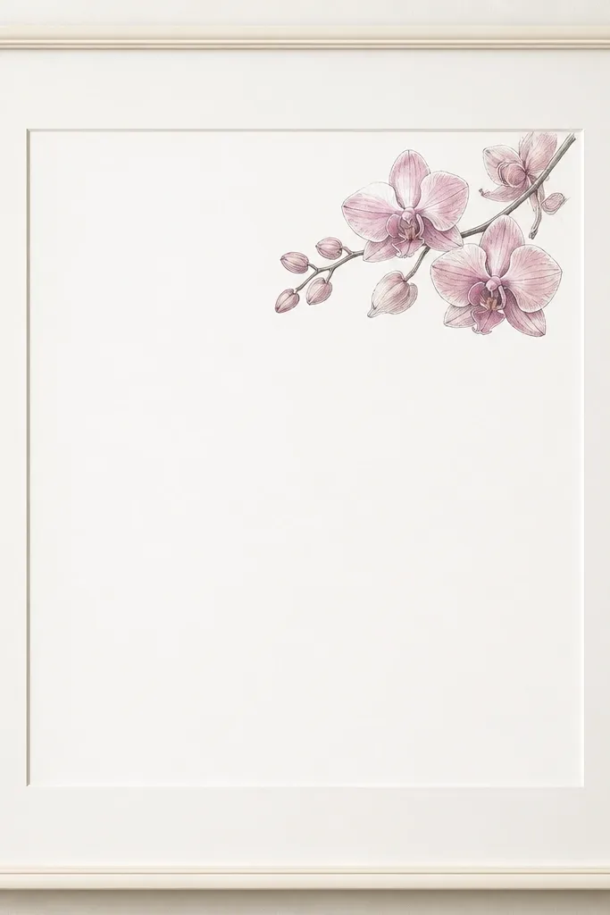 A mostly blank page with a single pink orchid sprig tucked into the top-right corner. The orchid is drawn with light pencil guidelines, then inked thinly, with mauve shading. The rest of the page is clean and white with a wide mat and off-white frame.