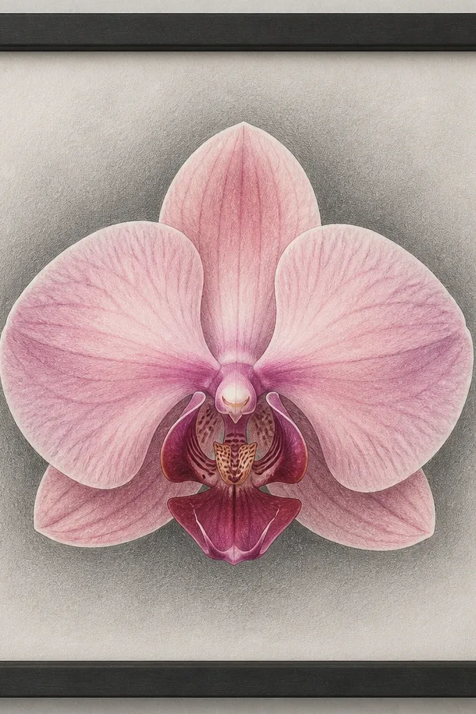 A pink orchid drawing centered on paper with a soft graphite gradient behind it. The shading fades from darker gray near the orchid to lighter gray at the edges. The orchid petals have blush and mauve washes with deep magenta in the center. A charcoal-gray frame completes the look.