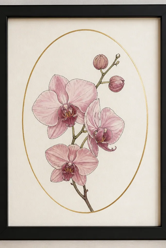 A centered pink orchid drawing placed inside a thin gold foil oval frame drawn over the paper. The orchid petals are blush and mauve watercolor with crisp ink outlines. The background is off-white, and the outer frame is matte black.