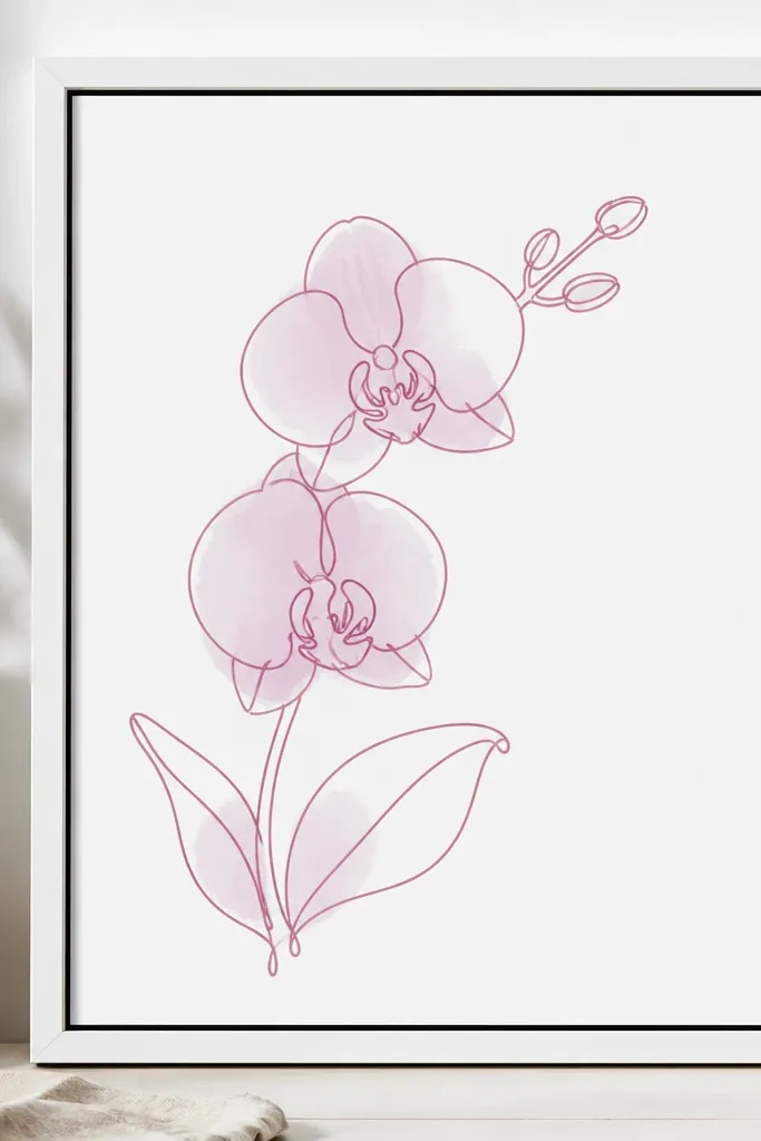 A monoline pink orchid drawing with a single consistent line weight, shaded with light mauve watercolor. The background is clean white matboard with no texture. The frame is white with a thin black inner edge.