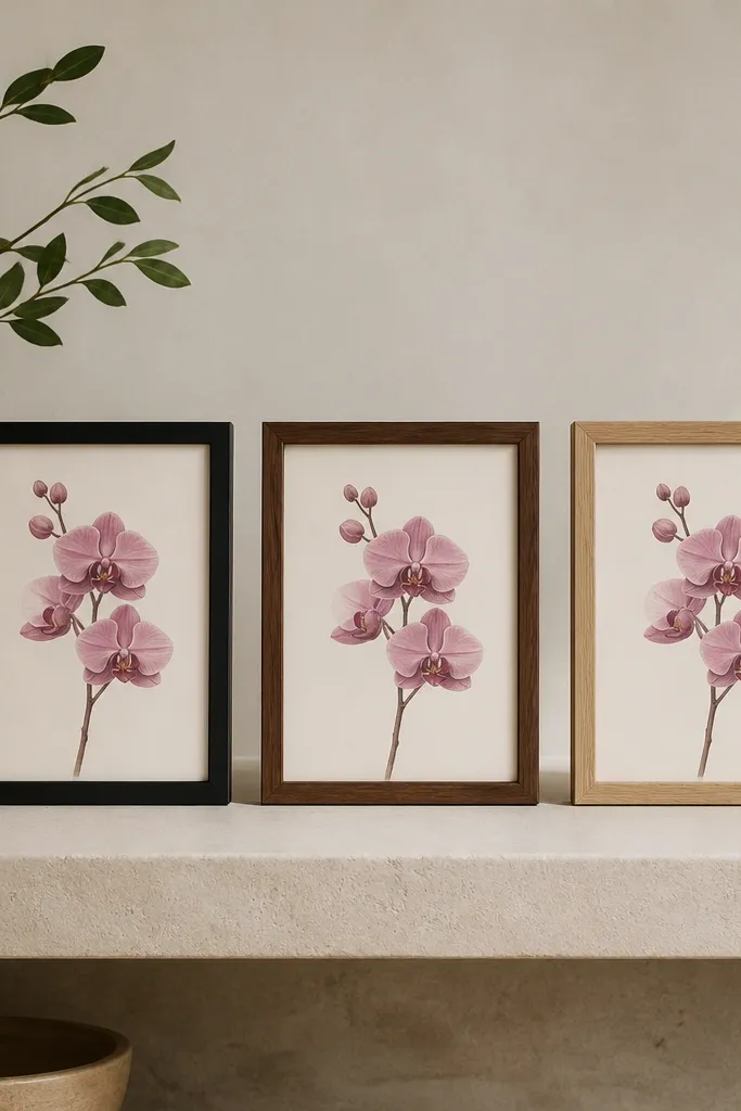 Three small framed orchid drawings on a shelf. Each shows a pink orchid with blush and mauve shading, but each frame is slightly different: one black, one walnut, one natural wood. The drawings share the same negative-space layout and similar scale.