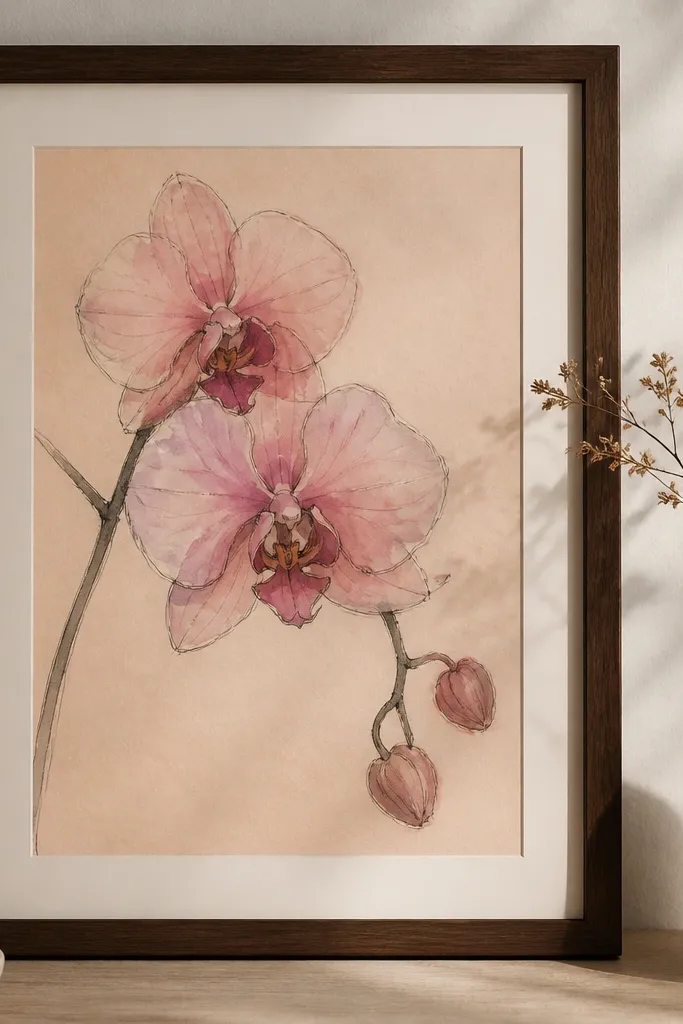 A pink orchid drawing on peach-tinted paper, with charcoal-gray ink lines and soft blush and mauve watercolor fills. The background has a subtle warm tone. The frame is dark espresso wood with a thin cream mat.