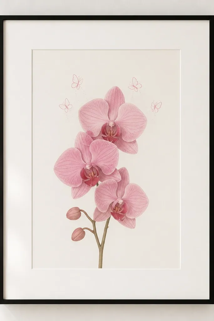 A centered pink orchid drawing with tiny blush-pink butterfly doodles floating near the upper petals. The butterflies are simple line-and-dot sketches, not detailed. The background is off-white with a wide mat and thin black frame.