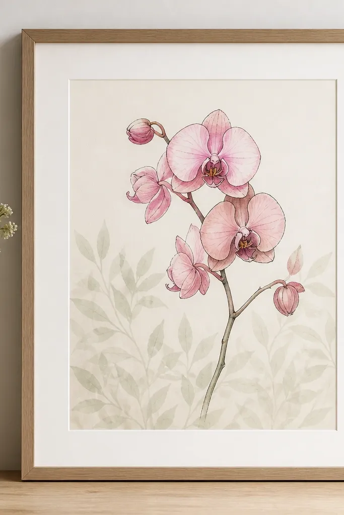 A pink orchid drawing on a light background with a faint stenciled leaf texture across the lower half. The leaves are pale sage and very light, almost ghosted. The orchid petals are blush and mauve with crisp ink outlines. The mat is warm white and the frame is light oak.