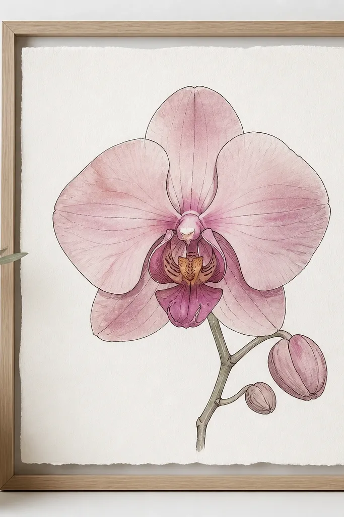 A pink orchid drawing centered on paper with visible deckle edges on the border. The orchid has watercolor blush and mauve petals with thin ink outlines. The outer background is white, and the frame is simple clear or natural wood with no extra mat blocking the deckle edge.