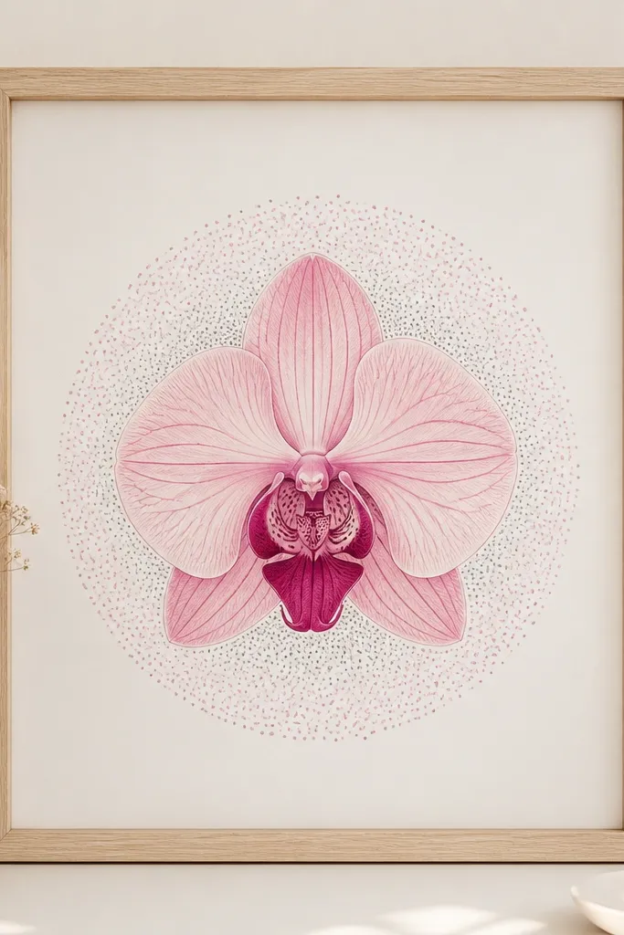 A centered pink orchid drawing with a dotted halo made of tiny light pink and gray dots behind it, forming a soft circle. The orchid has blush and mauve shading and a deep magenta throat. The background is off-white, and the frame is pale wood.