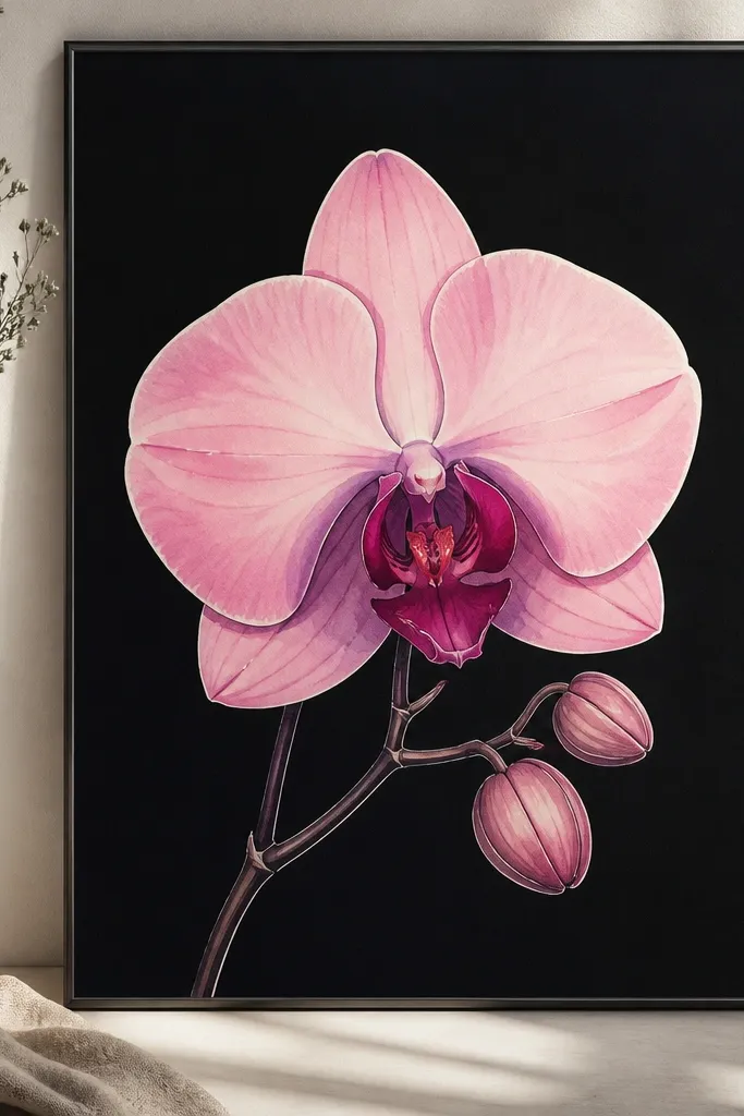 A pink orchid drawing on black paper, with bright blush watercolor highlights and mauve shadows. The outlines look clean and crisp, and the throat has a deep magenta glow. The frame is thin silver or black, and the mat is minimal or none.