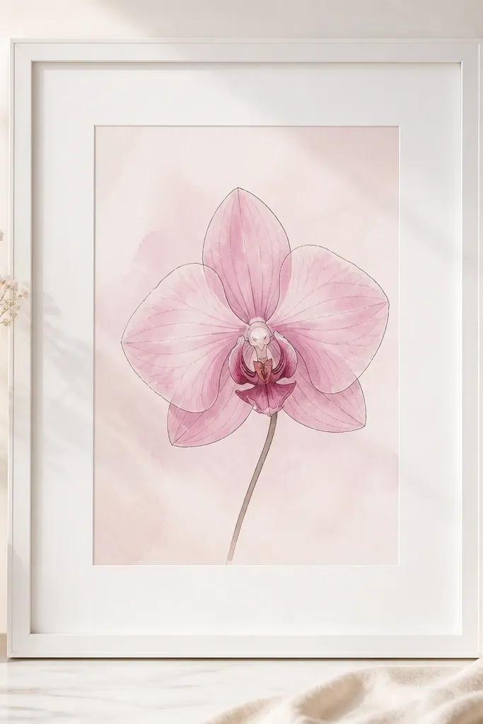 A single pink orchid drawing with blush and mauve petals on a very pale pink wash background. There is no border. The orchid outlines are thin and darker, and the throat has a small deeper magenta spot. The frame is white with a thick mat.