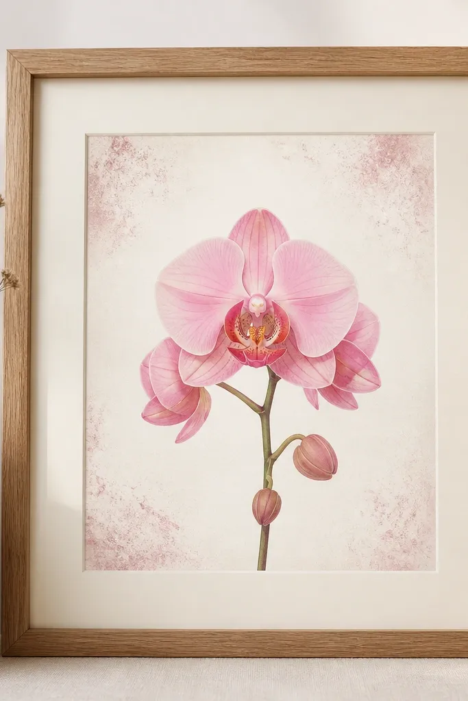 A centered pink orchid drawing with faint dry-brush texture in the corners. The corners have light mauve and blush speckling, like a brush dragged lightly across the paper. The orchid looks clean and detailed in the center. The frame is natural wood with a cream mat.