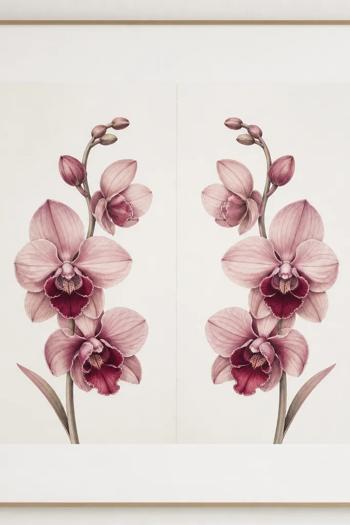 A symmetrical composition with two pink orchid drawings facing inward, mirrored on a vertical center line. There's a faint vertical spine line drawn in pencil or light ink down the middle. The orchids have blush and mauve petals with deep magenta throats. The border is minimal and the mat is wide and white.