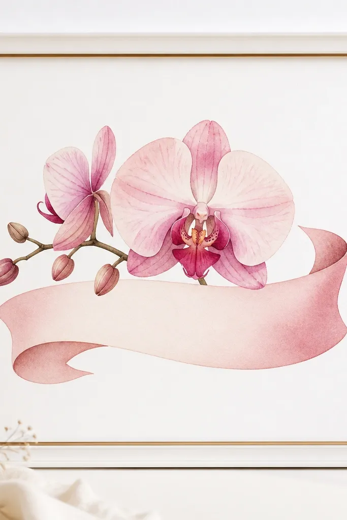 A pink orchid drawing centered with a blush ribbon banner shape behind it, like a soft swoop. There is blank space on the ribbon for later hand lettering, but no text is shown. The orchid has blush and mauve watercolor, and the ribbon has a gradient from blush to pale rose. The frame is white with a thin gold inner edge.