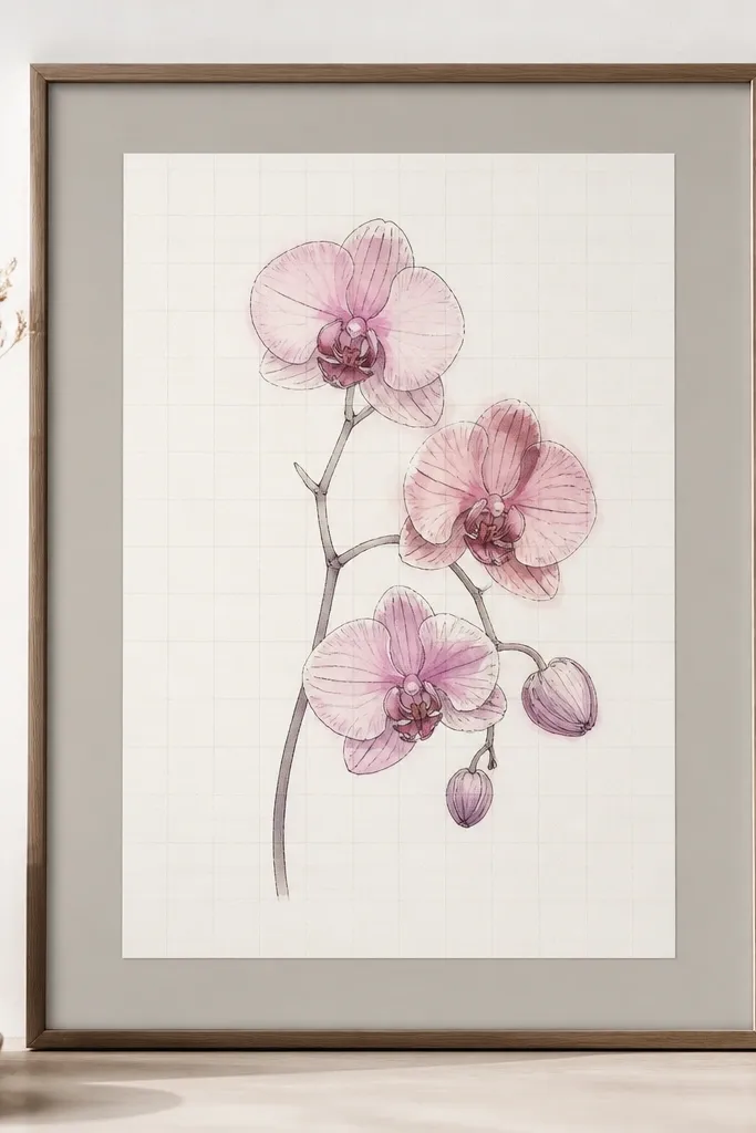 A pink orchid drawing on light grid paper, with faint gray grid lines visible across the sheet. The orchid is drawn in thin ink and shaded with blush and mauve watercolor. Clean margins surround the art, and the frame is minimal with a gray mat.