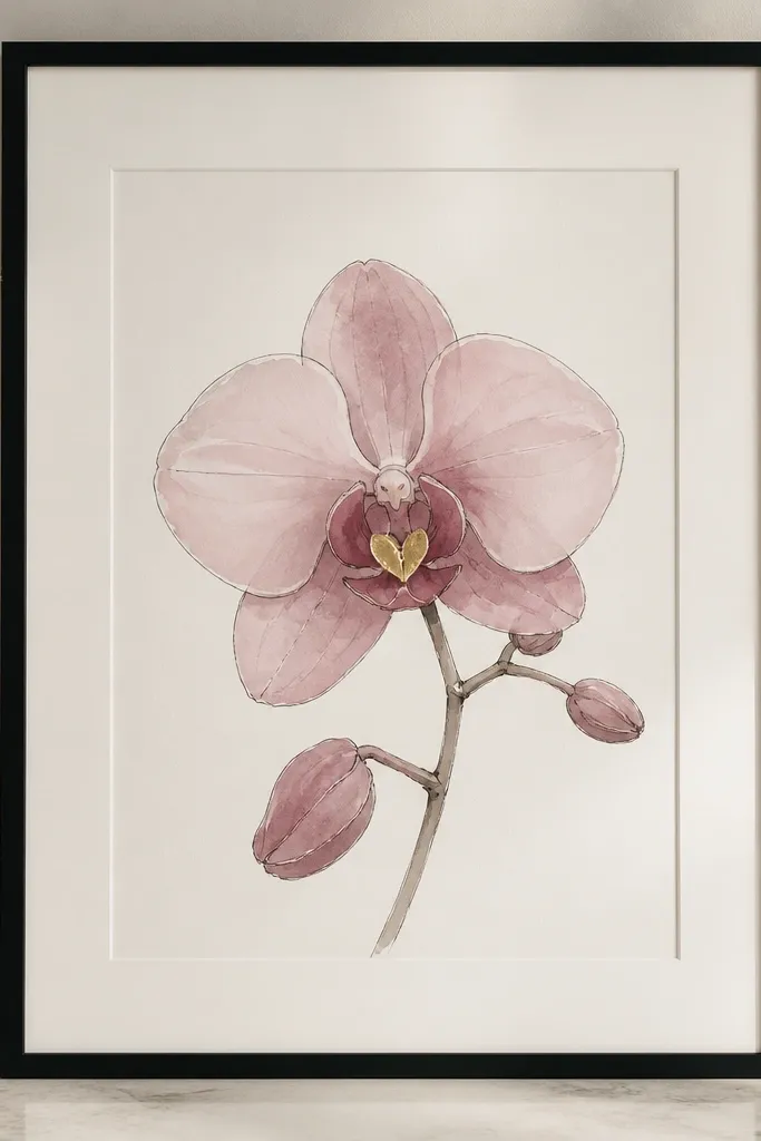 A pink orchid drawing where the orchid lip center has a small pressed-foil accent, like a tiny metallic petal. The rest of the orchid is watercolor blush and mauve with thin ink outlines. The background is off-white with a wide mat and black frame.