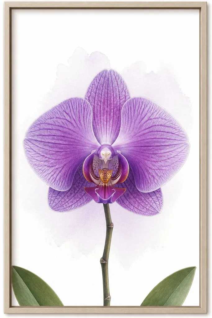 A purple orchid drawing in a narrow frame. One flower head sits centered, with a clean white margin around it and a faint lavender wash behind the petals. The stem is short and ends below the bloom, with two small leaf tips tucked near the bottom corners.
