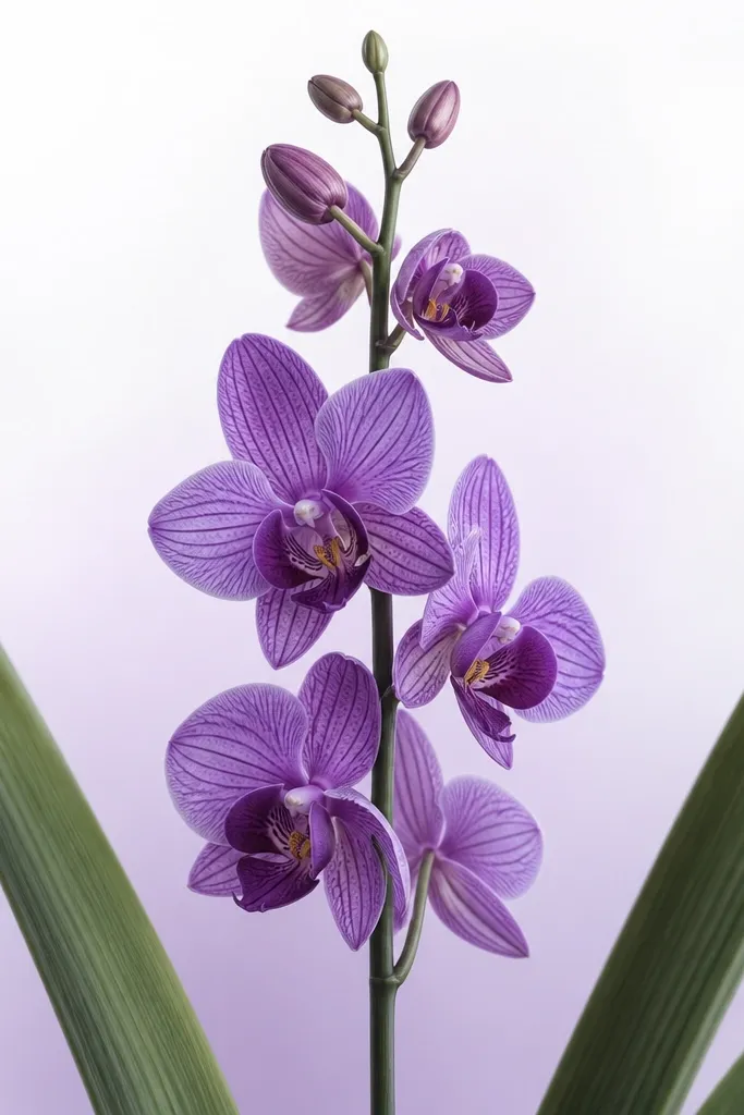 A portrait-orientation sketch with a tall purple orchid. The stem rises straight up, and two long leaves curve inward from the left and right edges, partially framing the bloom. The background is mostly white with a faint violet gradient behind the flower.