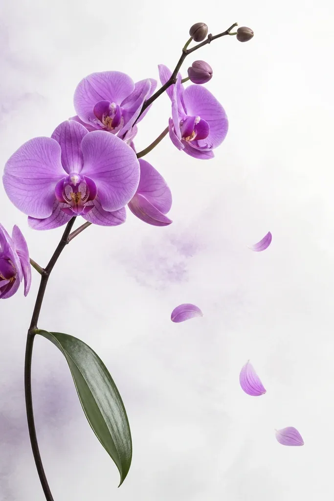 An angled purple orchid leaning slightly left, with a thin branch that curves upward. One leaf trails downward and a few small petal shapes float in the negative space. The background is a pale wash with lots of white showing.