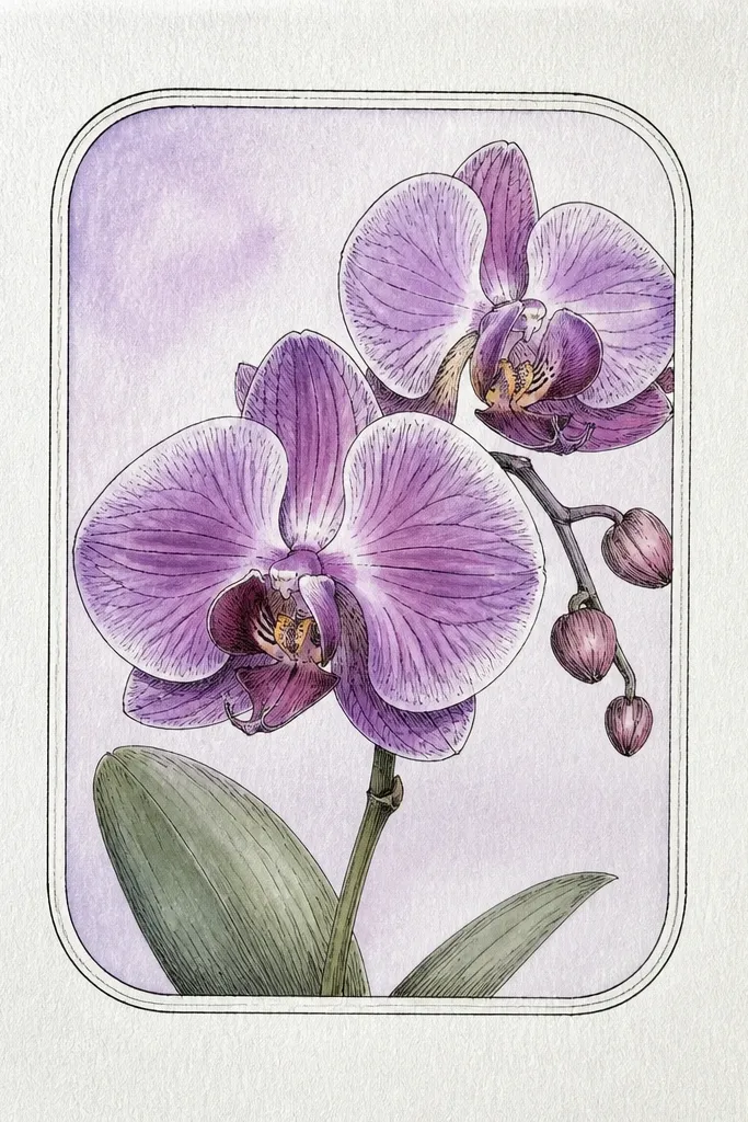 A purple orchid drawing framed by a rounded-rectangle outline drawn in pencil and lightly inked. The orchid sits inside the outline, with a soft lavender wash behind it and a thin border line around the window.