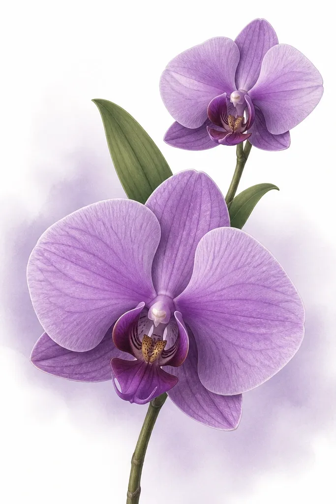 A drawing with one main orchid bloom and a smaller second bloom above it on the same stem. Both are purple with different shadow intensity, and two leaves tuck between the blooms. The background is white with a soft violet haze behind the larger bloom.
