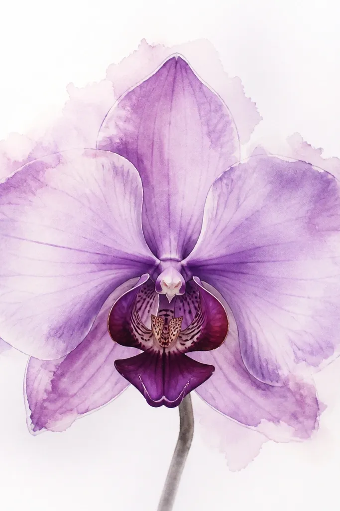 A purple orchid sketch where the outer petal edges have a soft watercolor bleed effect. The center lip is darker and sharper, while the petal outlines fade into a light lavender wash. The background stays mostly white with a faint gradient.