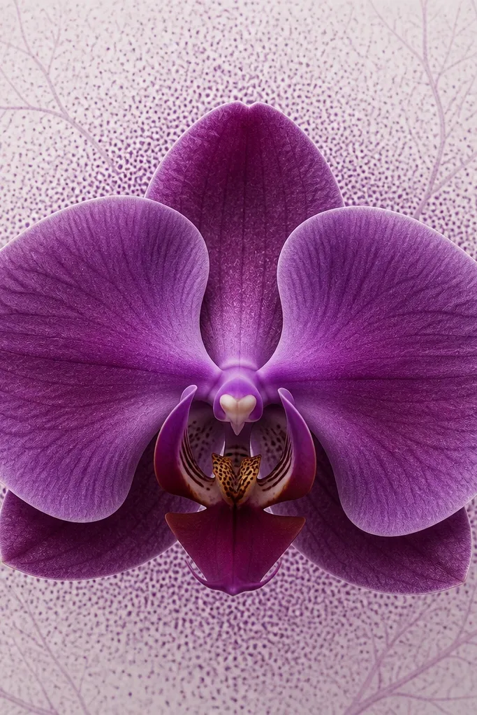A purple orchid centered with a background pattern of tiny dot clusters and faint vein-like lines. The orchid petals have plum and violet shading, while the background stays pale. The dots are densest behind the petals and fade outward.