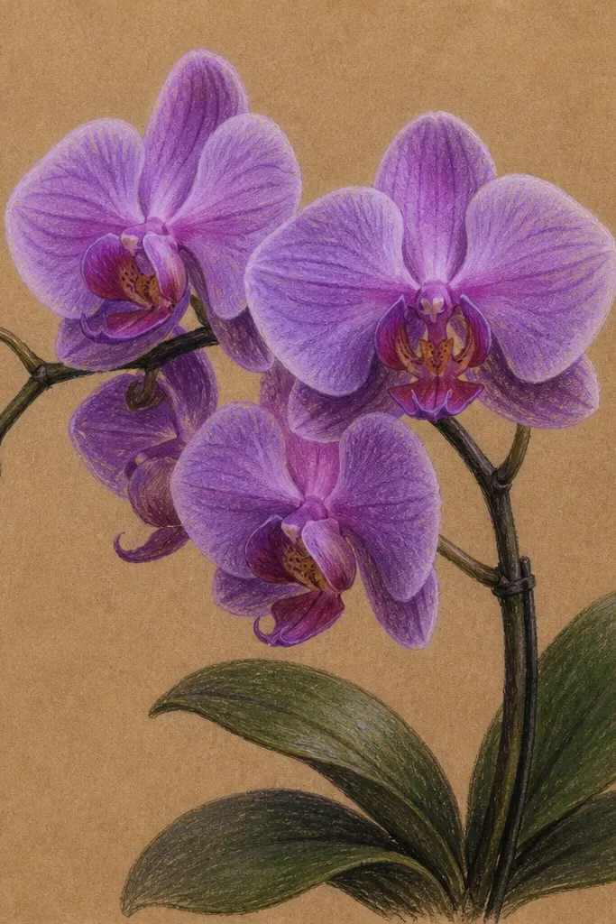 A drawing on warm brown kraft paper. The orchid petals are purple with soft plum shadows, and the highlights look chalky and pale lavender. The stem and leaves are darker and more defined than the highlights. The background is the kraft paper texture.