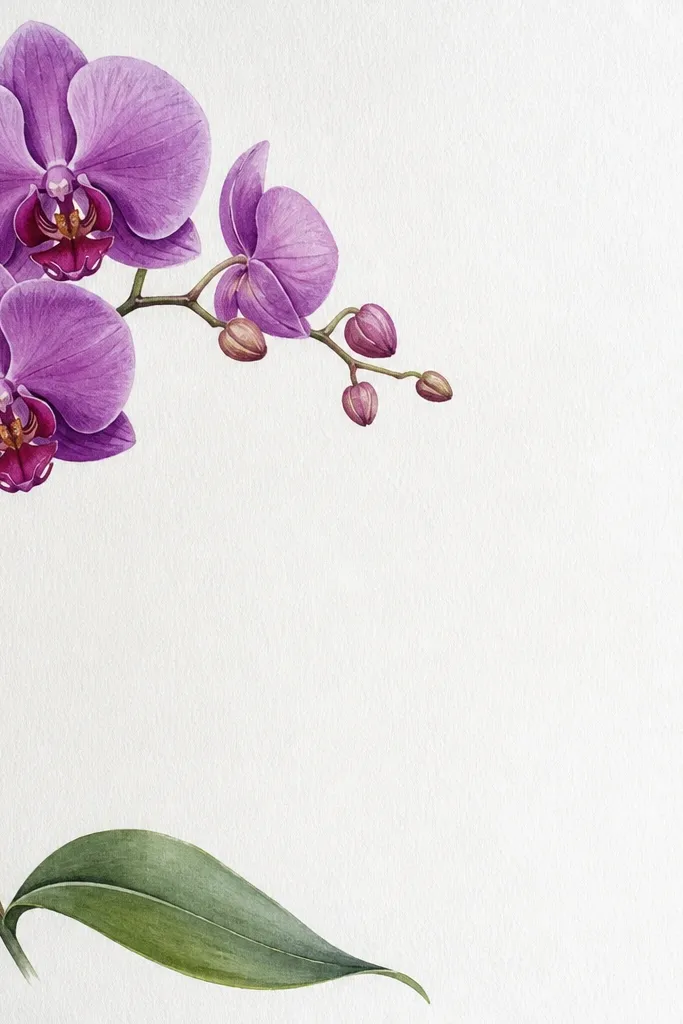 A purple orchid drawn in the top-left corner of the paper. The stem runs down and right in a gentle curve, and one leaf extends toward the bottom edge. There's a lot of white space in the bottom-right area.