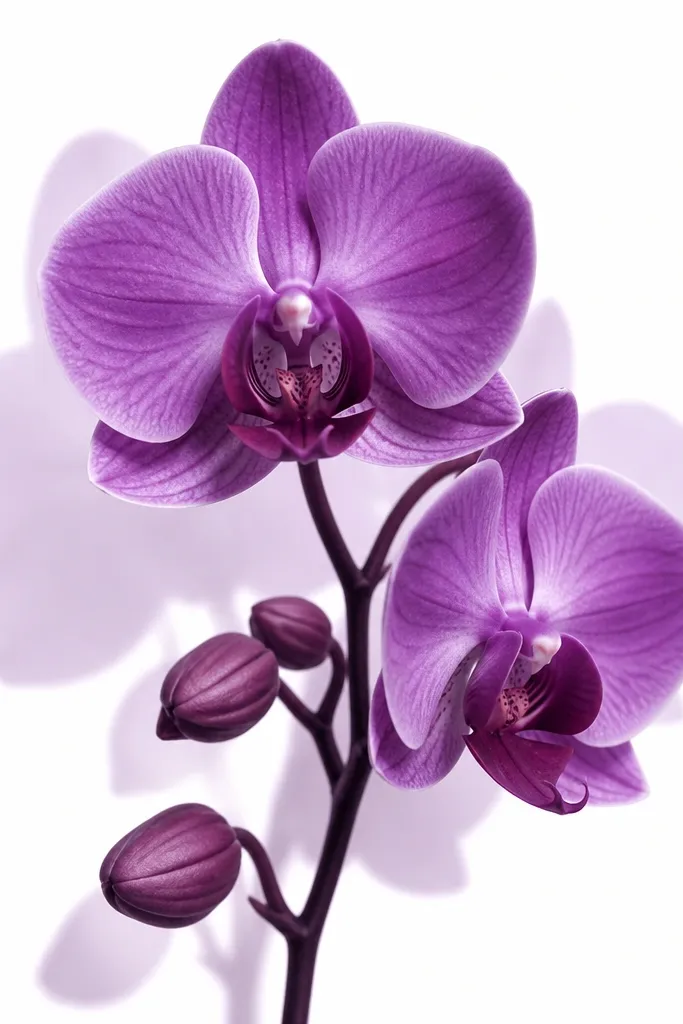 A purple orchid with a faint, offset shadow shape behind it. The shadow is a lighter violet silhouette, while the orchid itself has deeper plum and lavender shading. The background is otherwise white.