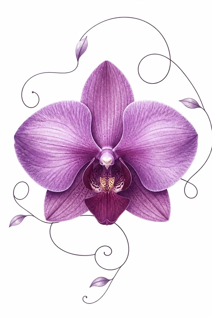 A centered purple orchid with a single-line vine swirl looping around it. The vine is drawn with thin ink and lightly tinted violet at the curves. The petals are shaded with plum and lavender, and the background stays white.