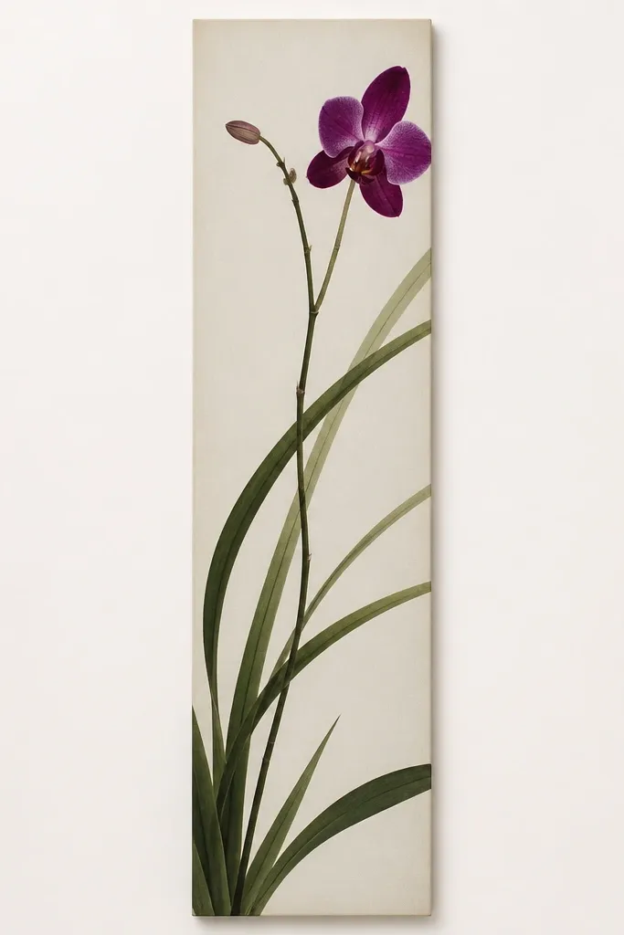 A long narrow strip painting with a small orchid bloom near one end. The stem runs along the length, and the leaf blades extend across the strip. The purple petals have strong contrast and minimal background wash.