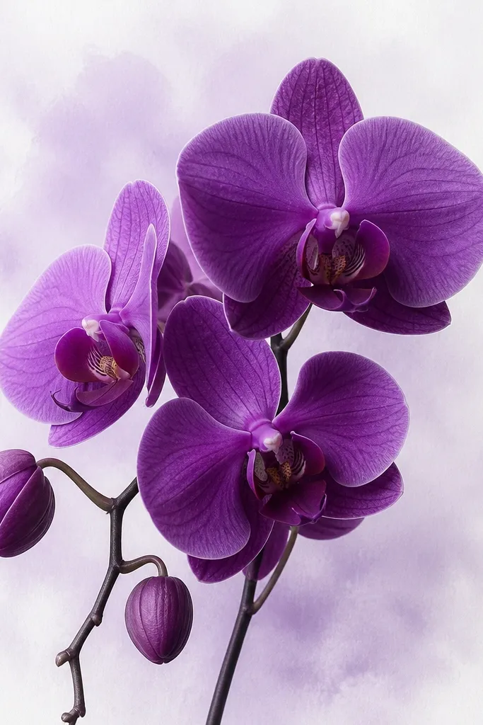 A portrait orchid with a very light lavender mist behind it, like a watercolor haze. The petals are deeper purple with clear shadows. The background fades out toward the edges of the paper.