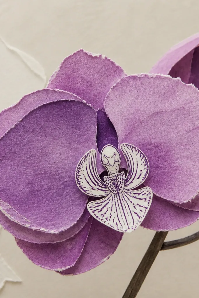 A mixed-media orchid where the petal edges look like cut paper with tiny textured fibers. The purple petals are layered, and the outer edges show a rougher, collage-like finish. The center lip is drawn with clean ink lines.