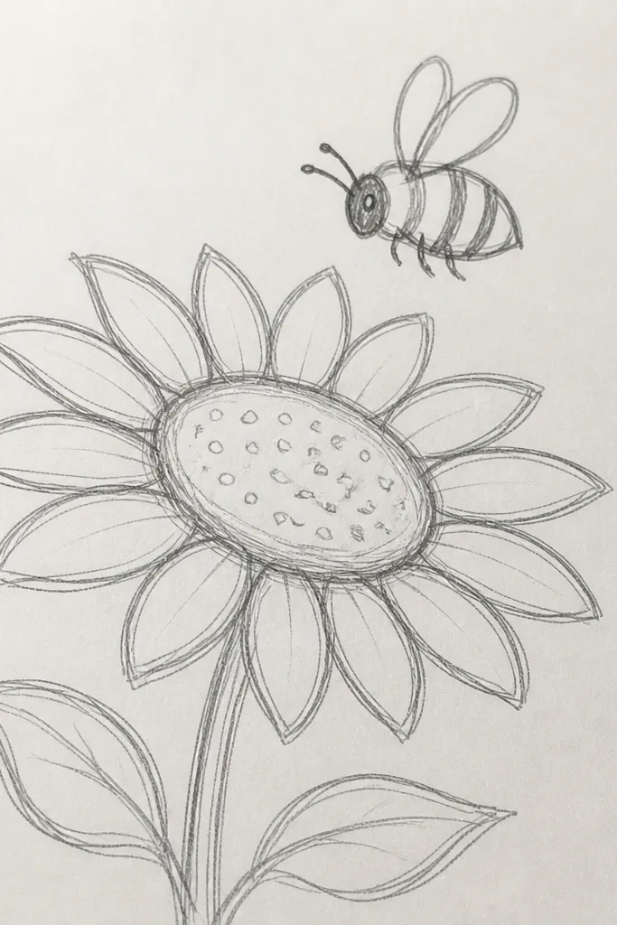 Small bee above a sunflower seed circle with short yellow petals.