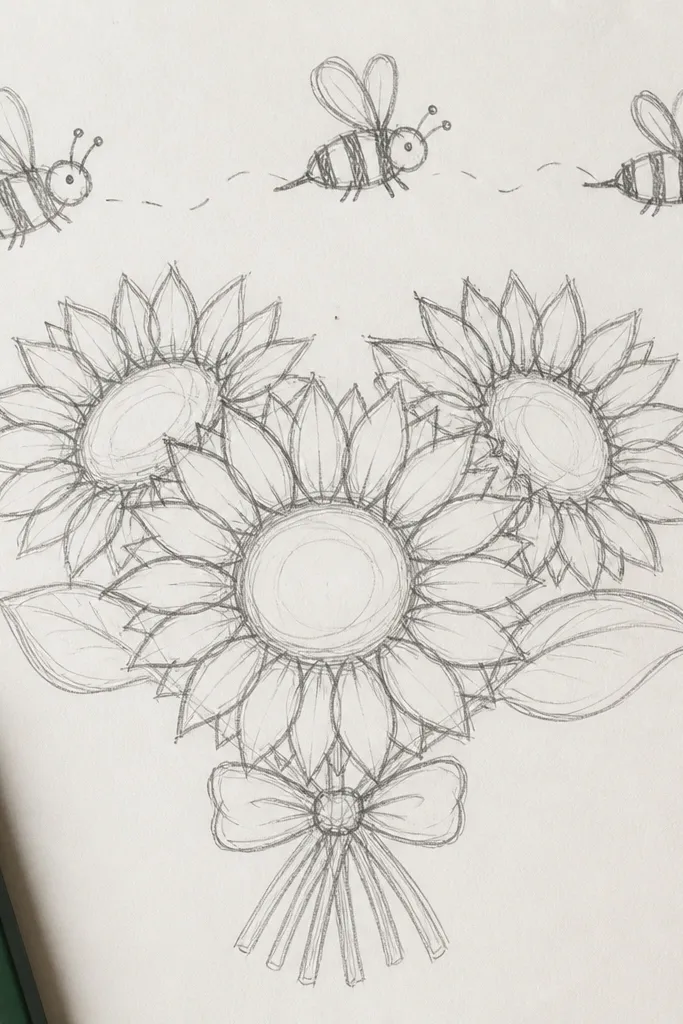 Three sunflowers with stems and three bees lined up near the petals.