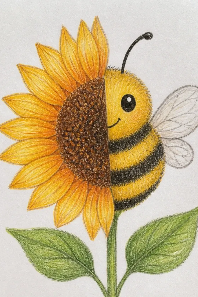 A split sunflower with one side yellow petals and a bee with a smile.