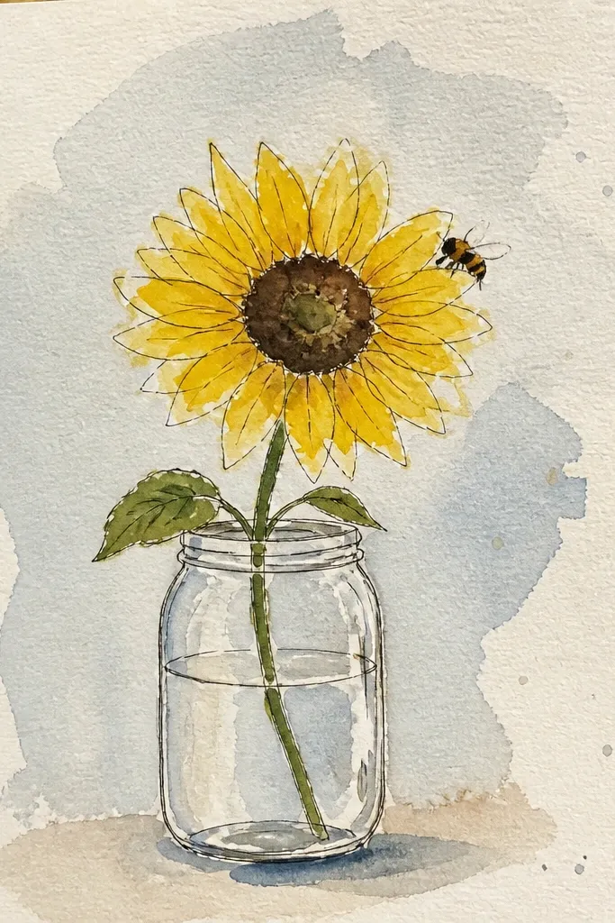 Sunflower in a jar outline with a bee peeking above the rim.