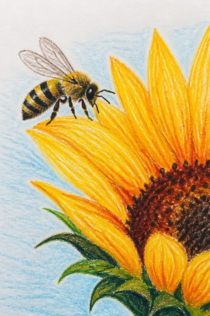 A bee perched on the edge of a single sunflower petal with small seed dots.