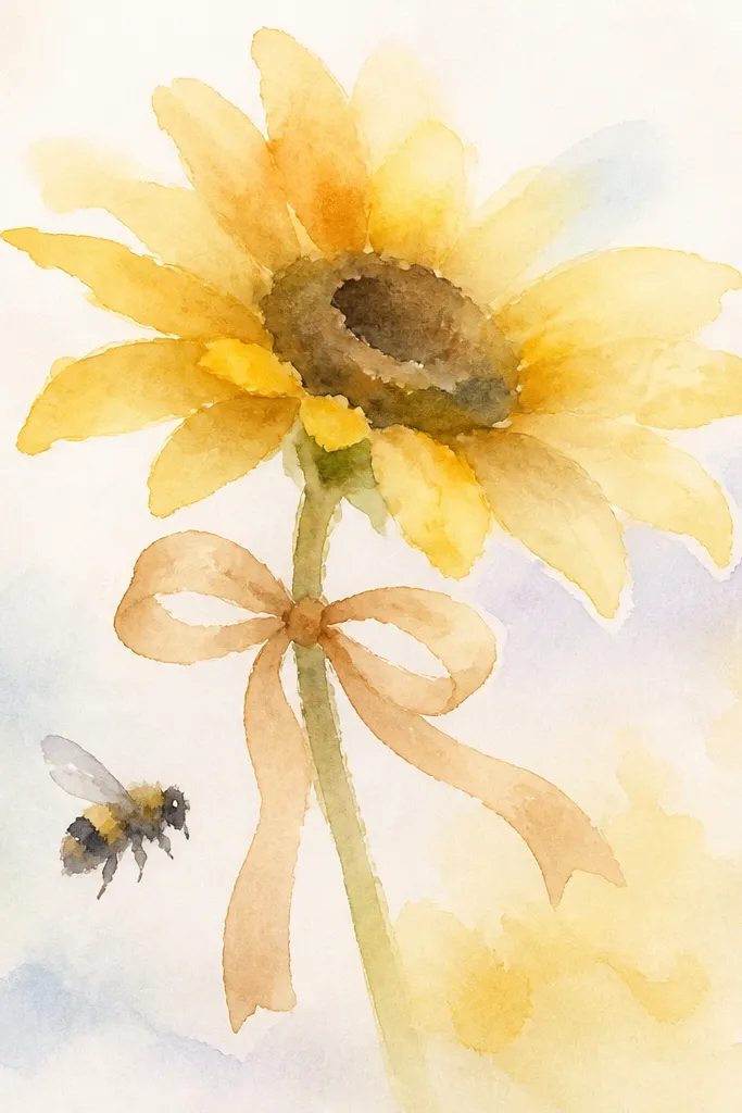 Sunflower head with a ribbon bow and a bee sitting below the bow.