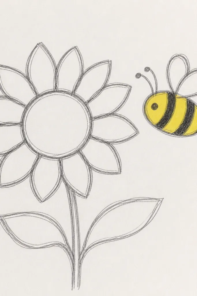 Outline sunflower with a color-blocked bee in two yellows and black stripes.
