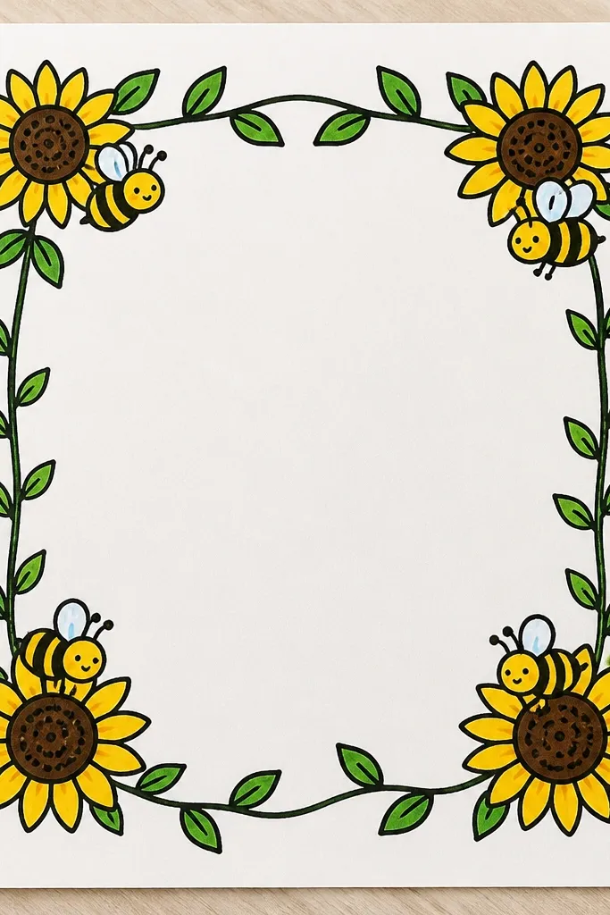 Sunflower border around a page with small bees in each corner.