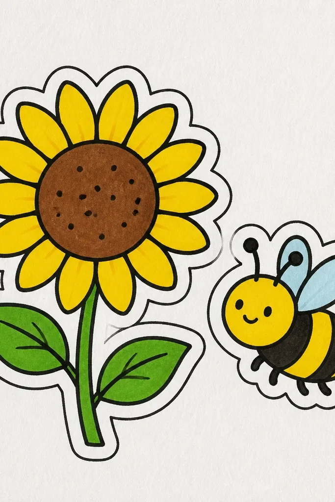 Sunflower and bee inside a rounded bubble outline like a sticker.